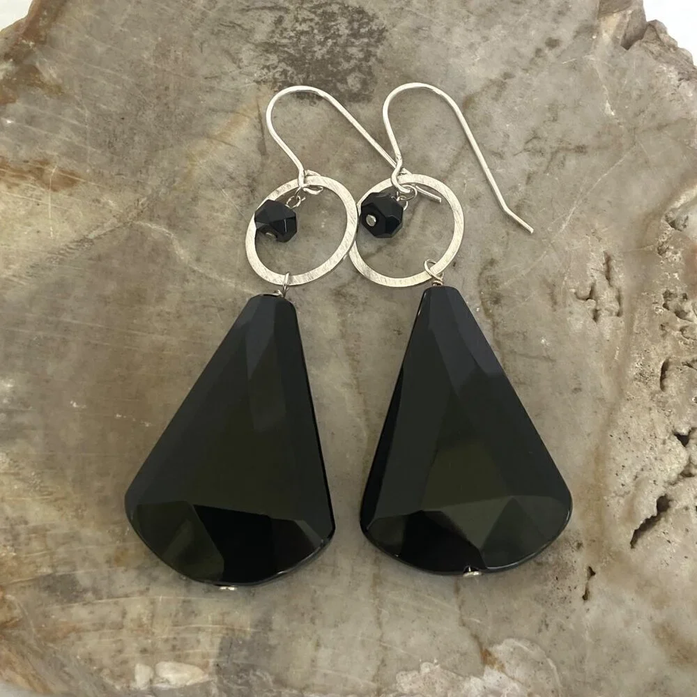 Deb Guyot Sterling Silver 925 Faceted Teardrop Black Tourmaline Dangle Earrings